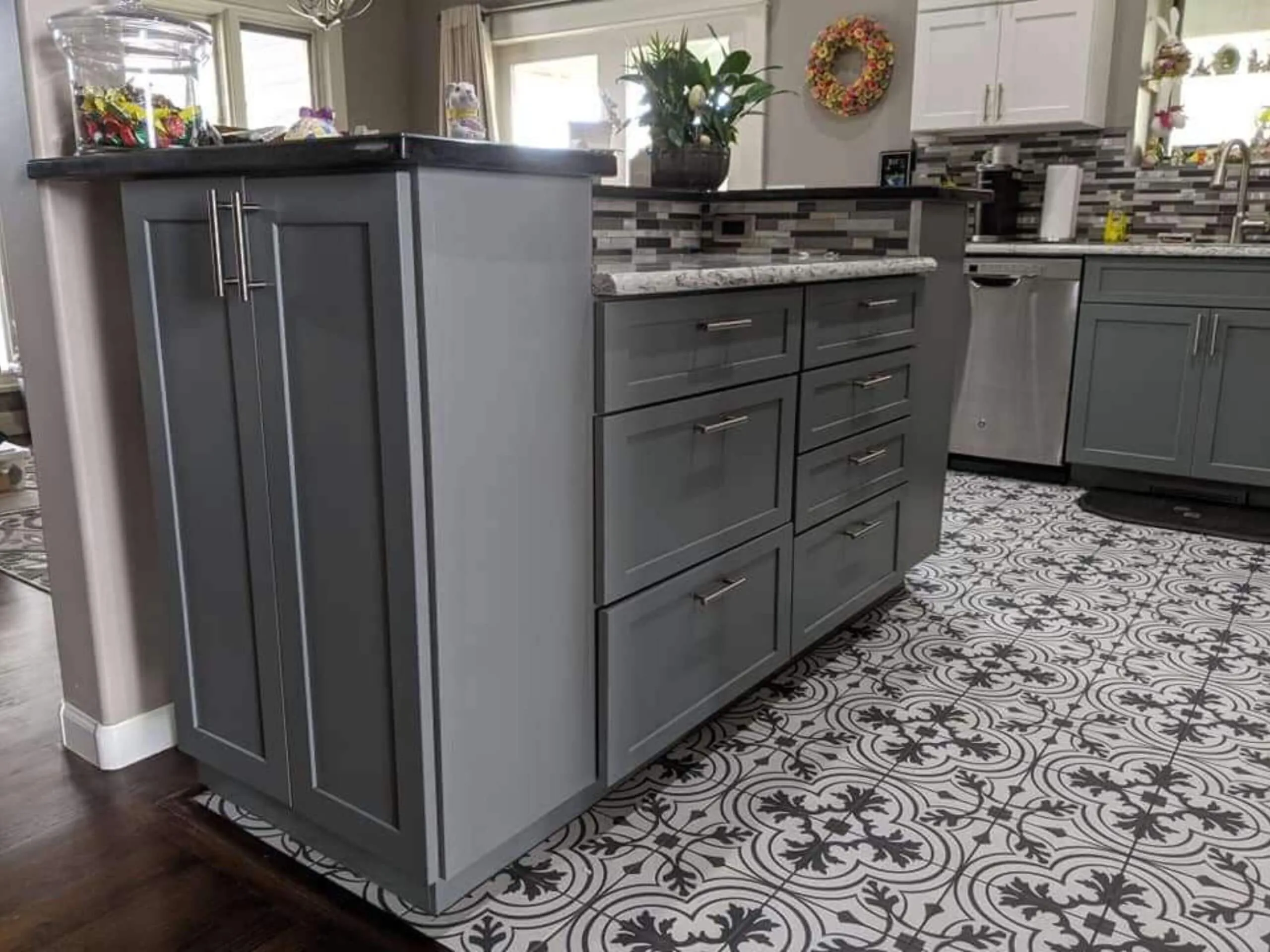 Grey refinished kitchen cabinets